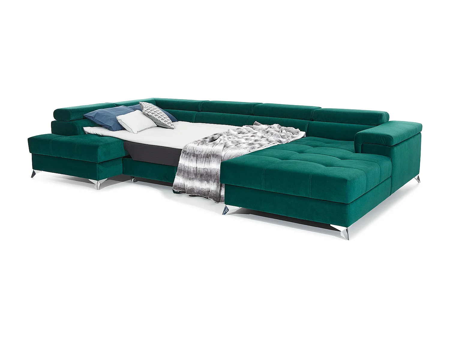 Canapé panoramique convertible KUTTY velours - Rangement et têtières réglables-Noir-Coffre à droite