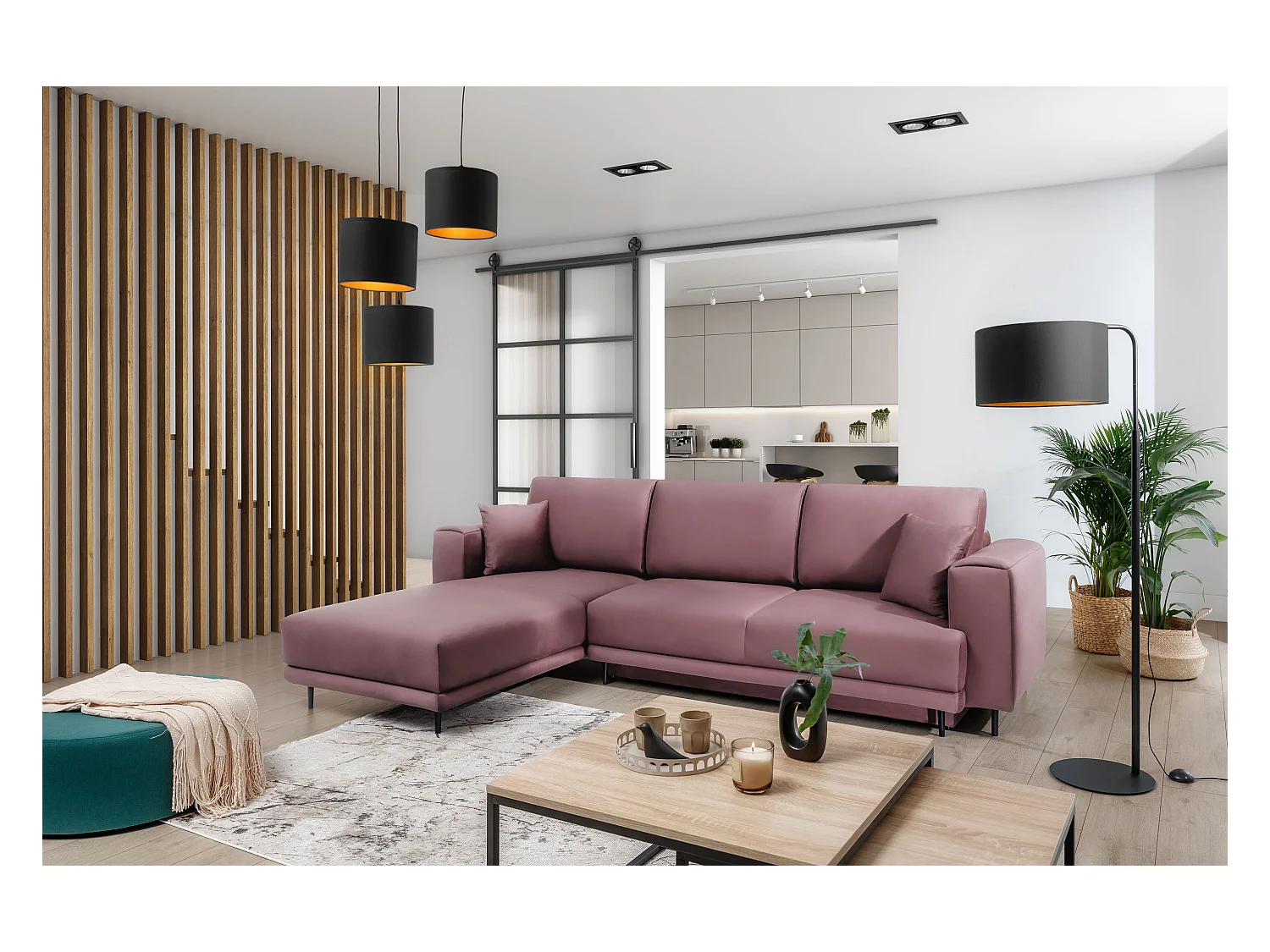 Canapé d'angle convertible velours DAVINA - Coffre et pieds métal noir-Vieux rose-angle gauche