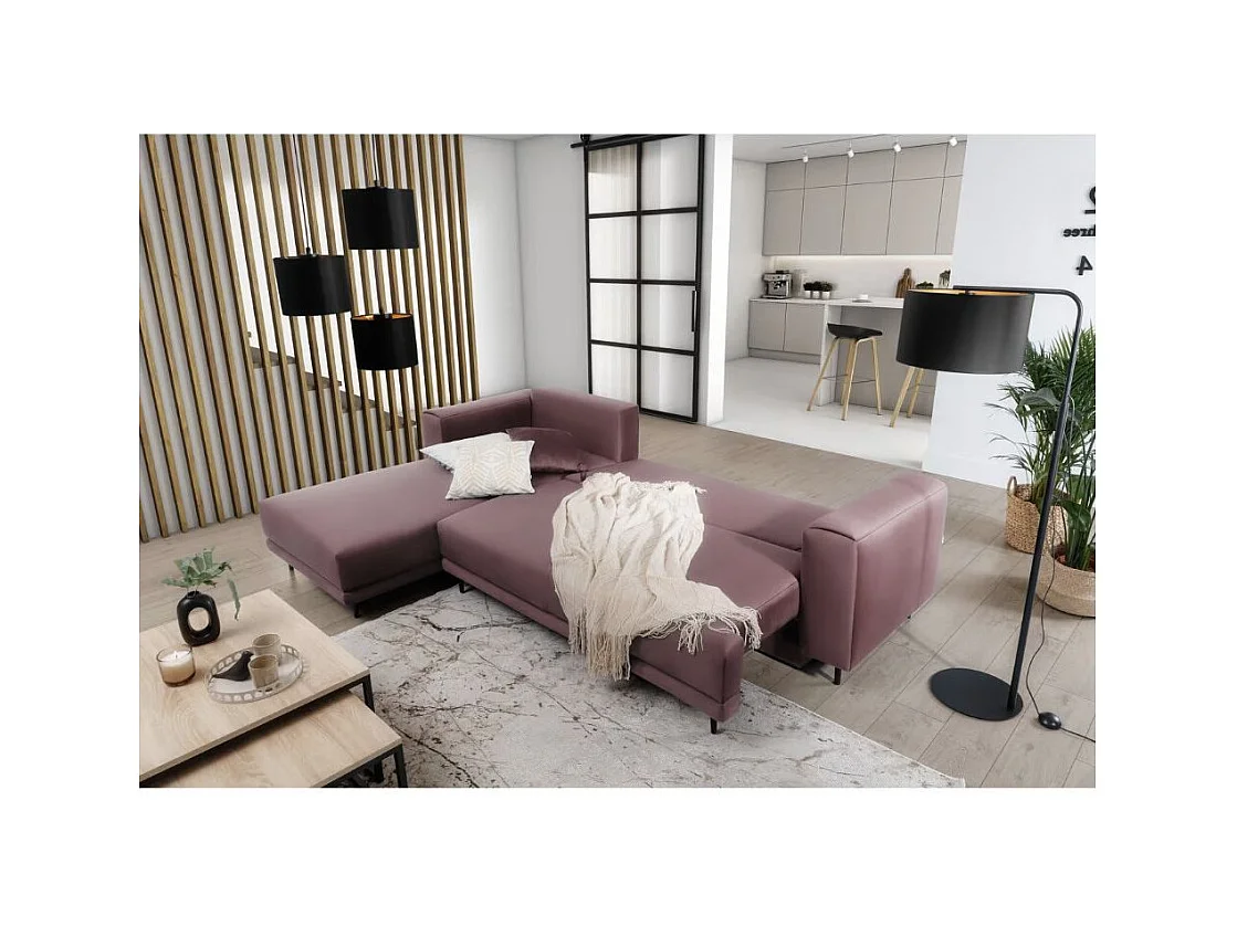 Canapé d'angle convertible velours DAVINA - Coffre et pieds métal noir-Vieux rose-angle gauche