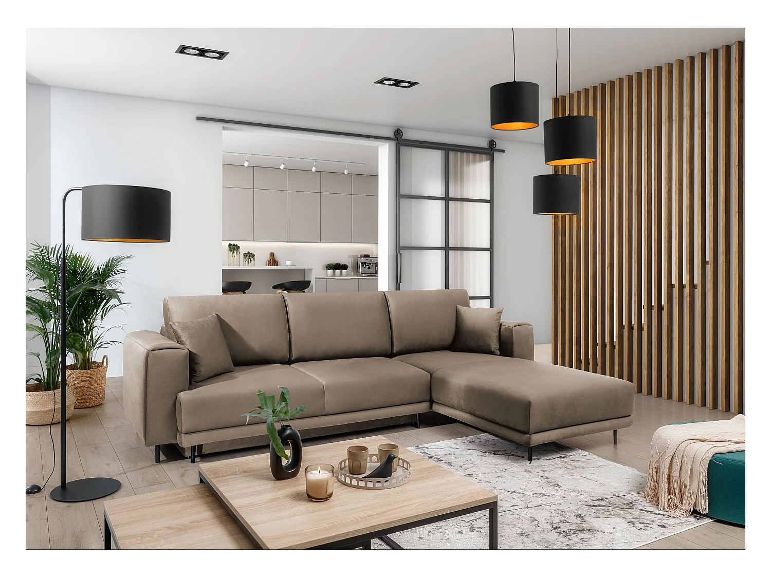 Canapé d'angle convertible velours DAVINA - Coffre et pieds métal noir-Vieux rose-angle gauche