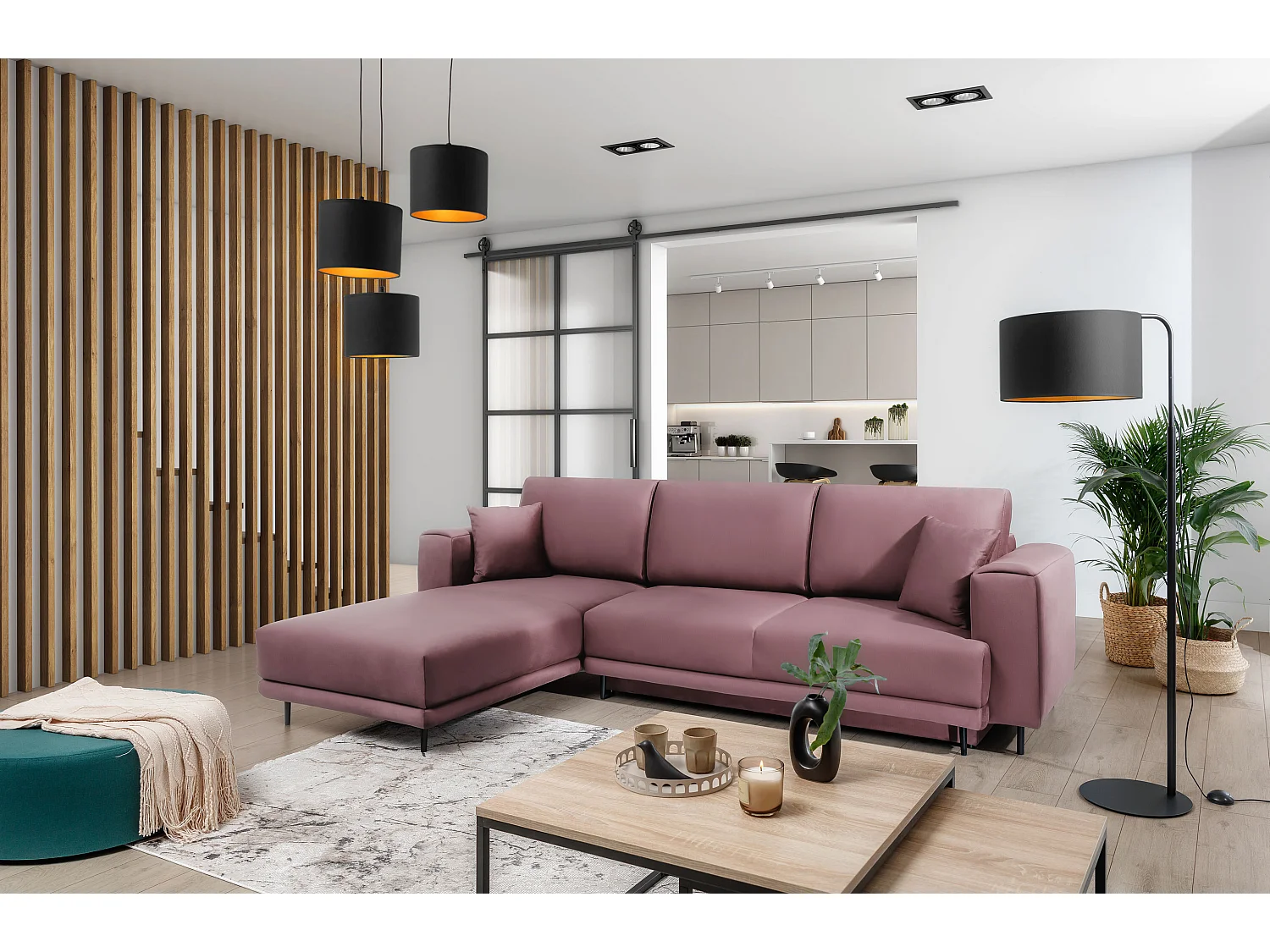 Canapé d'angle convertible velours DAVINA - Coffre et pieds métal noir-Vieux rose-angle gauche