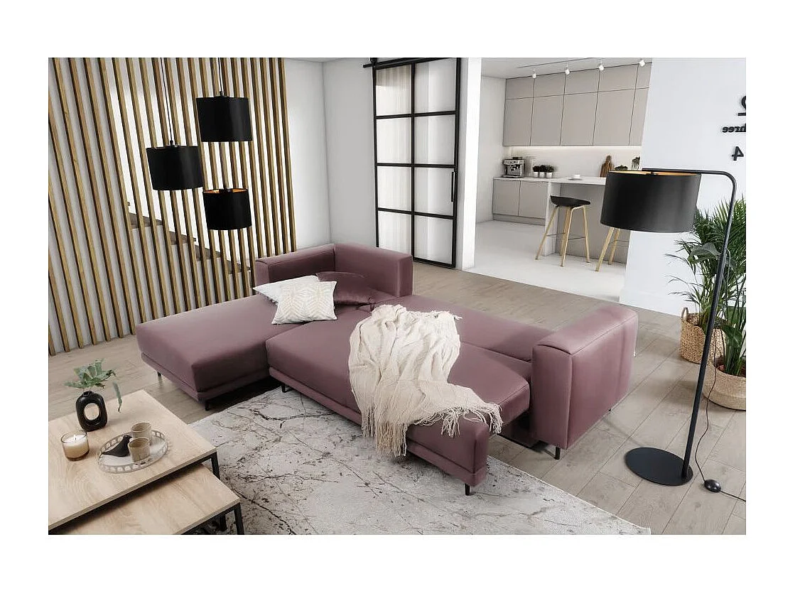 Canapé d'angle convertible velours DAVINA - Coffre et pieds métal noir-Vieux rose-angle gauche