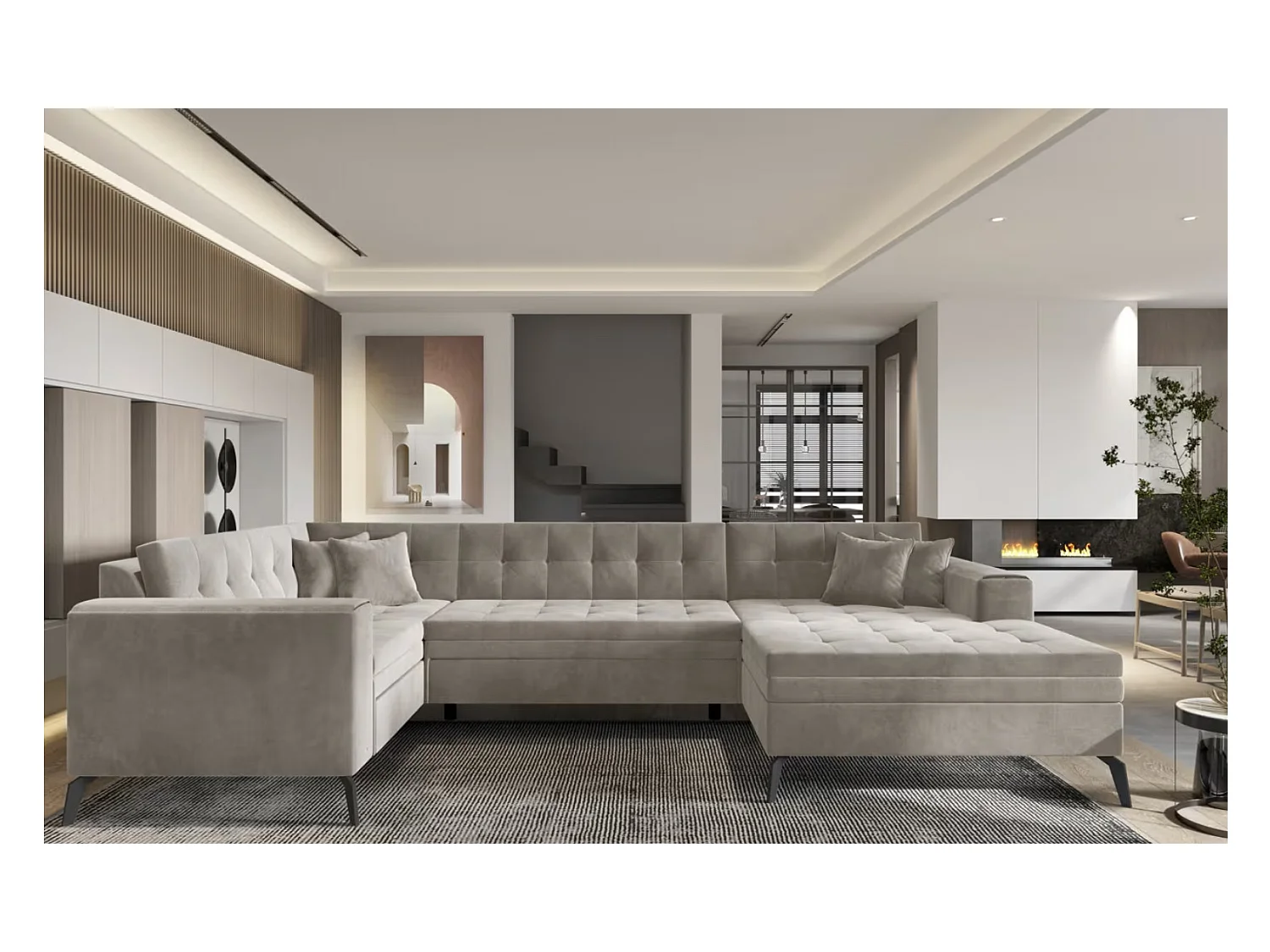 Canapé panoramique convertible BONTY velours matelassé-Taupe-Méridienne A droite