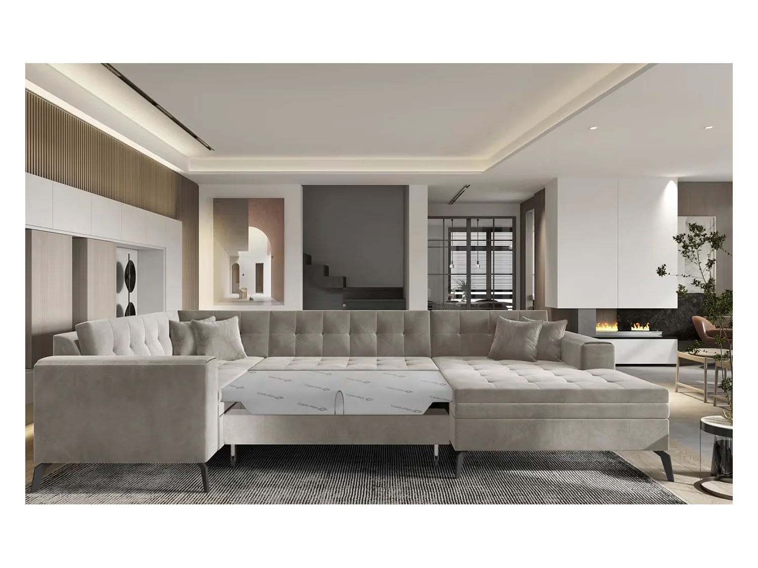 Canapé panoramique convertible BONTY velours matelassé-Taupe-Méridienne A droite