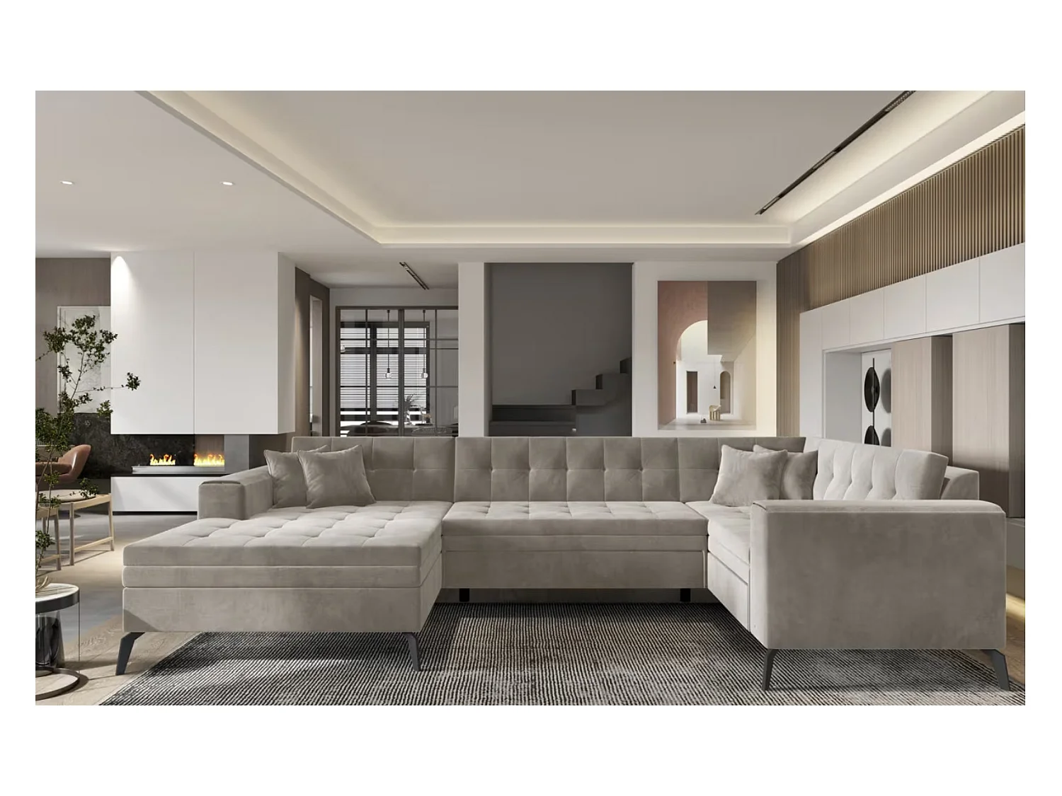 Canapé panoramique convertible BONTY velours matelassé-Taupe-Méridienne A droite