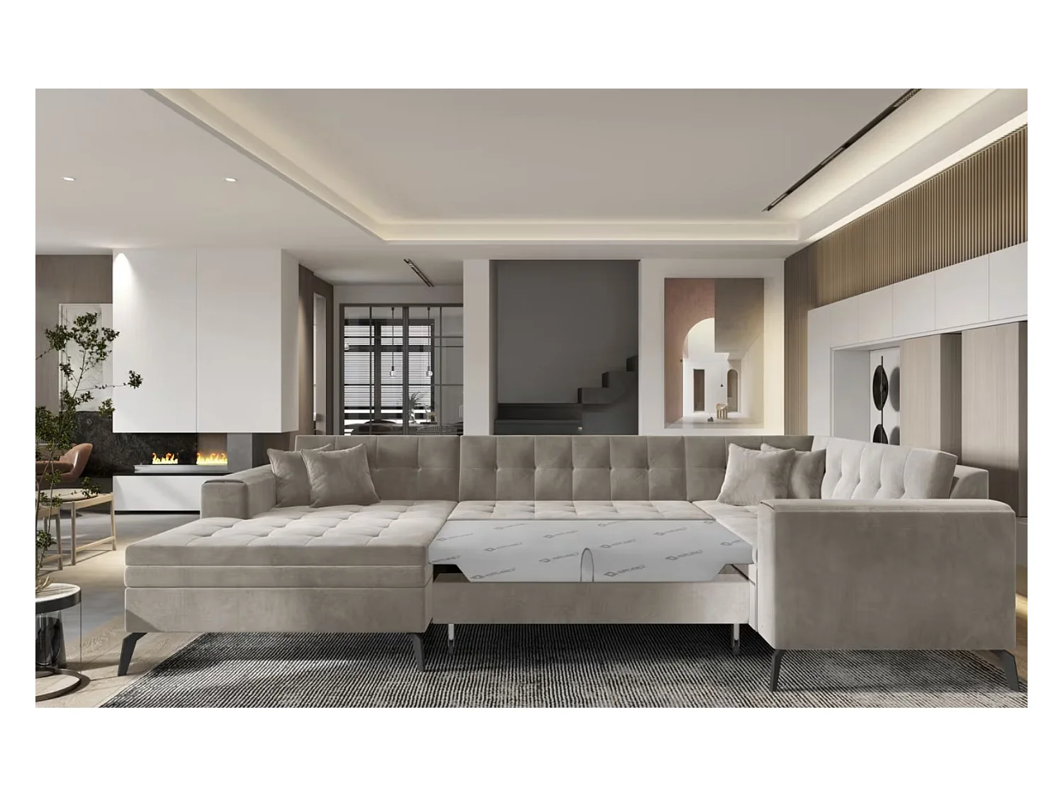 Canapé panoramique convertible BONTY velours matelassé-Taupe-Méridienne A droite