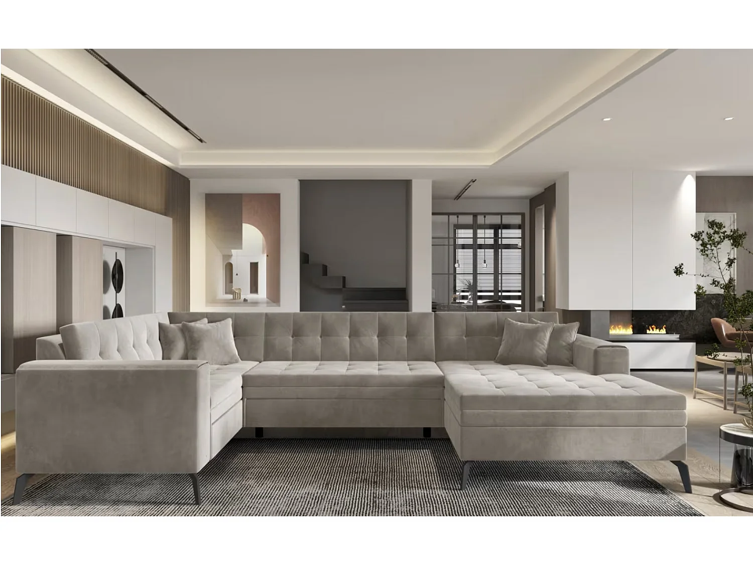 Canapé panoramique convertible BONTY velours matelassé-Taupe-Méridienne A droite