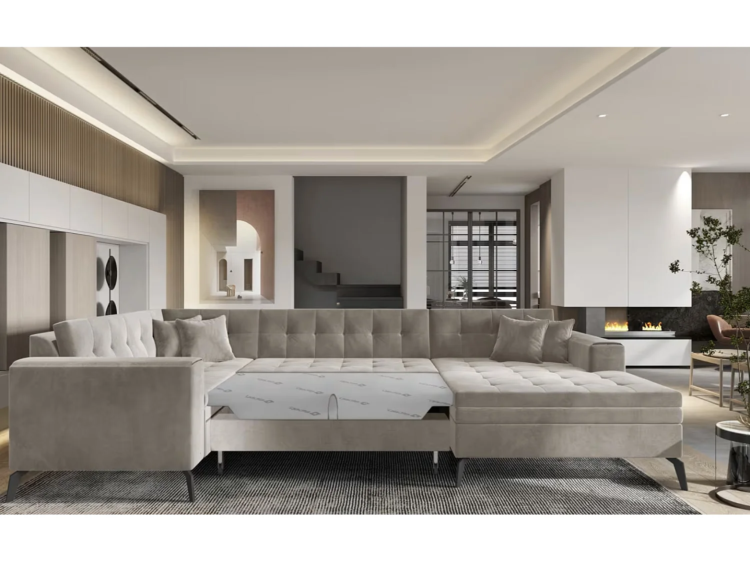 Canapé panoramique convertible BONTY velours matelassé-Taupe-Méridienne A droite