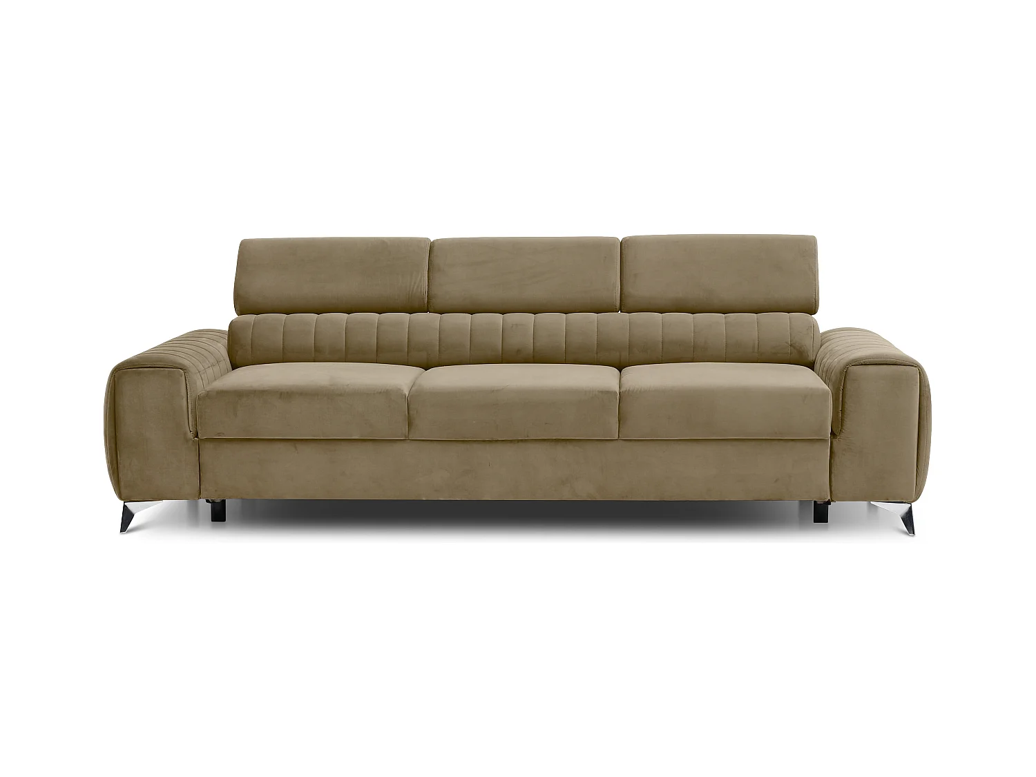 Canapé convertible velours LOZA - Appuis-tête réglables et pieds acier chromé-Beige