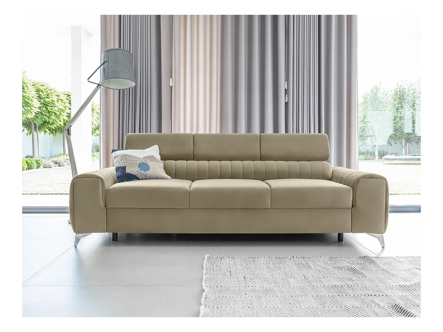 Canapé convertible velours LOZA - Appuis-tête réglables et pieds acier chromé-Beige