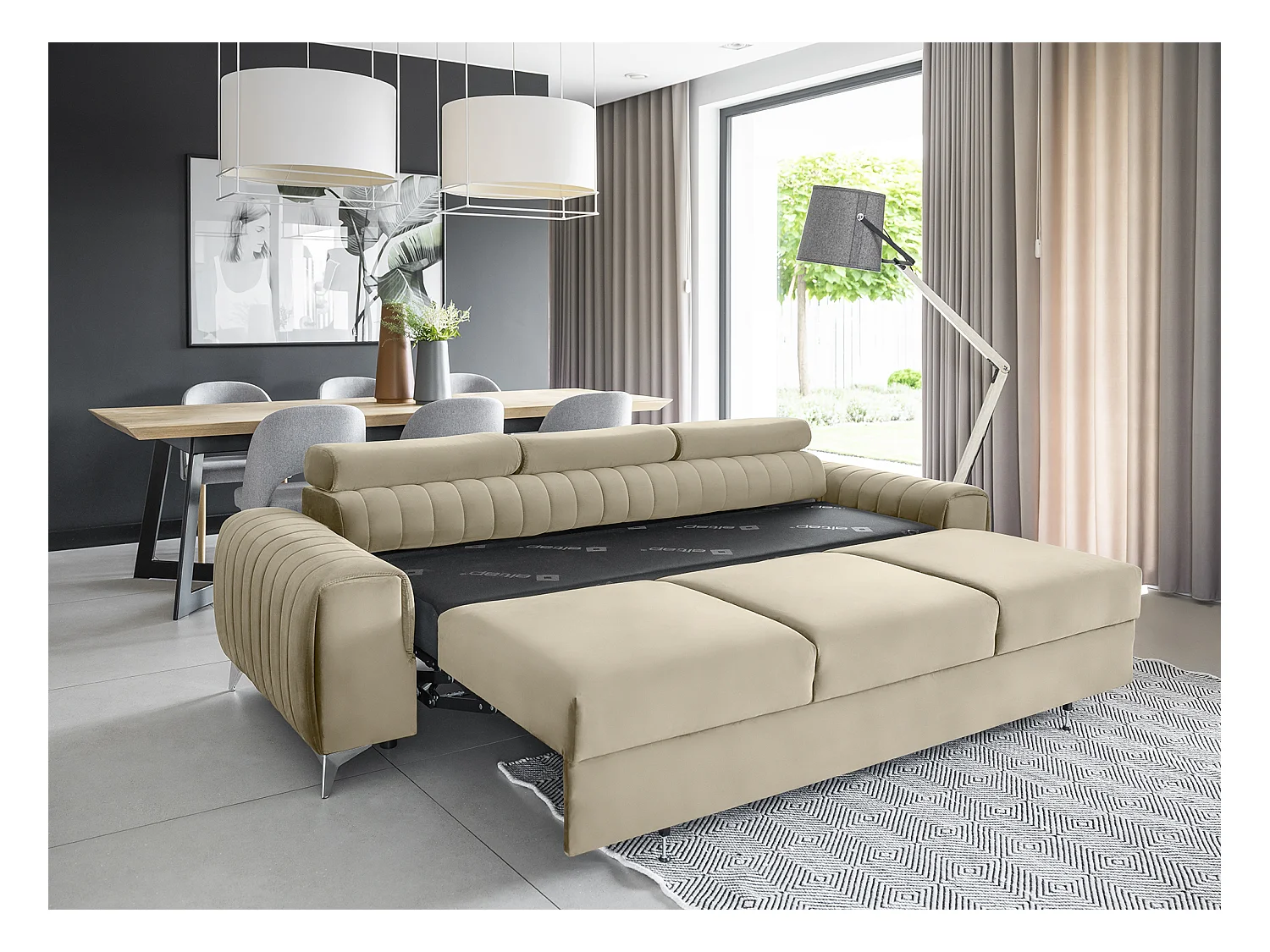 Canapé convertible velours LOZA - Appuis-tête réglables et pieds acier chromé-Beige