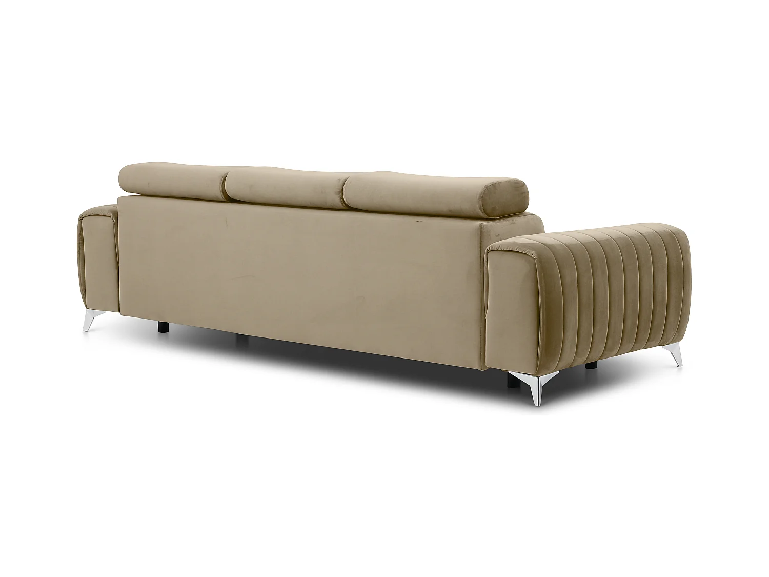 Canapé convertible velours LOZA - Appuis-tête réglables et pieds acier chromé-Beige