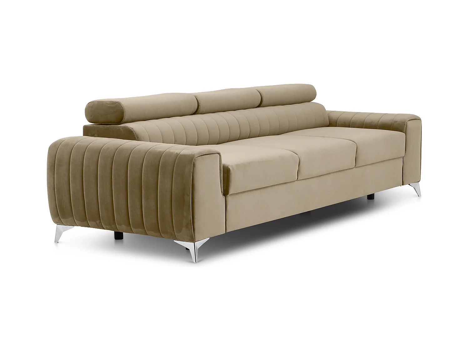Canapé convertible velours LOZA - Appuis-tête réglables et pieds acier chromé-Beige