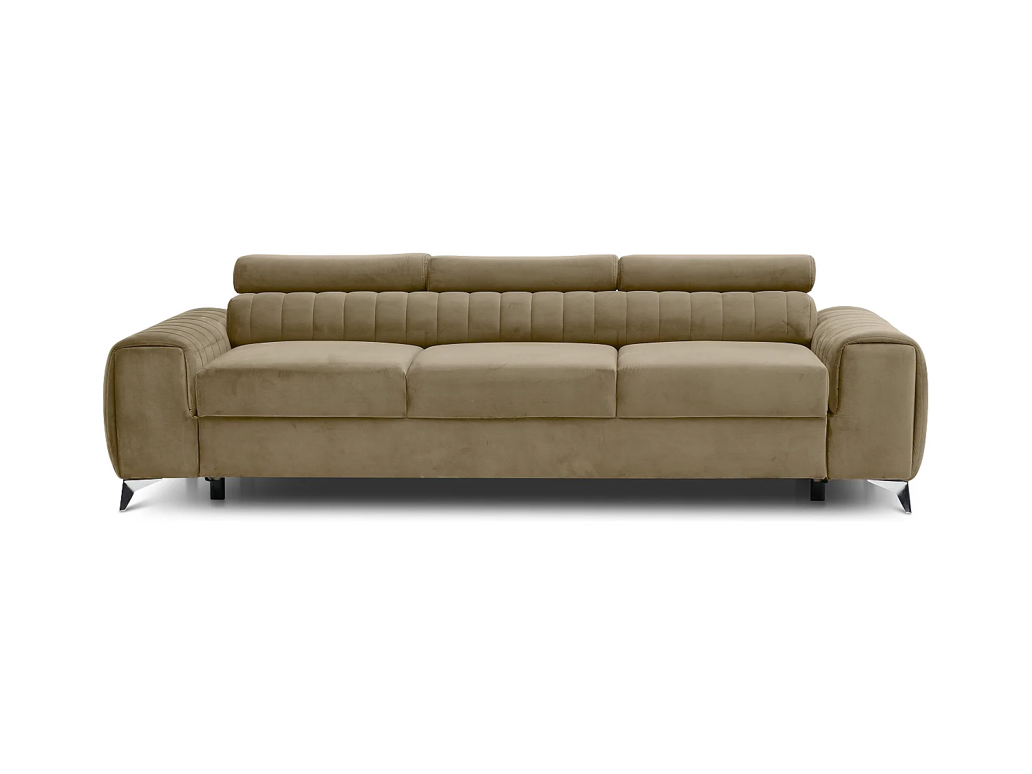 Canapé convertible velours LOZA - Appuis-tête réglables et pieds acier chromé-Beige