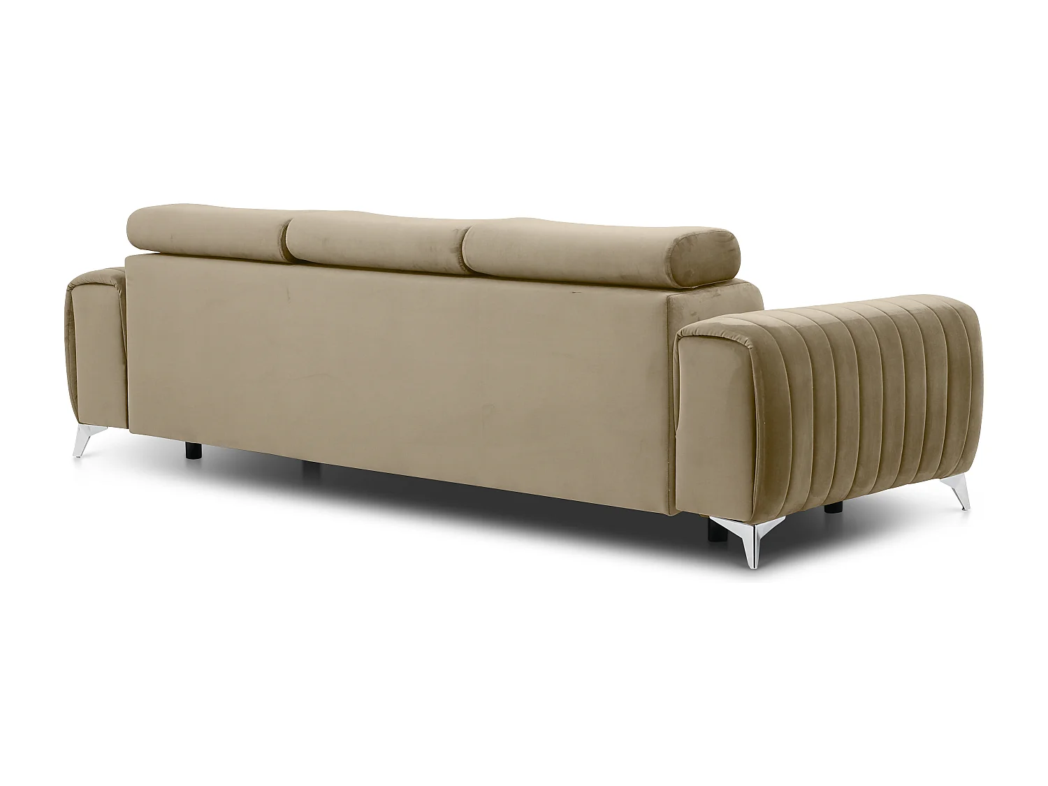 Canapé convertible velours LOZA - Appuis-tête réglables et pieds acier chromé-Beige