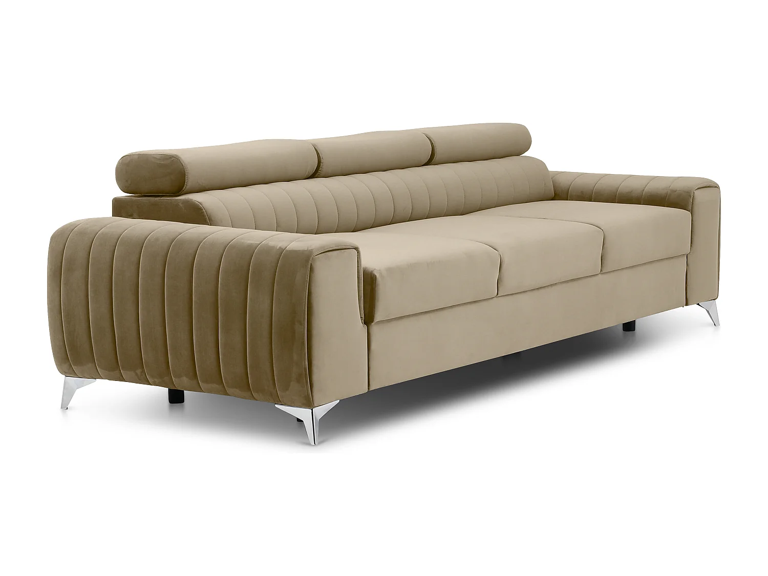 Canapé convertible velours LOZA - Appuis-tête réglables et pieds acier chromé-Beige