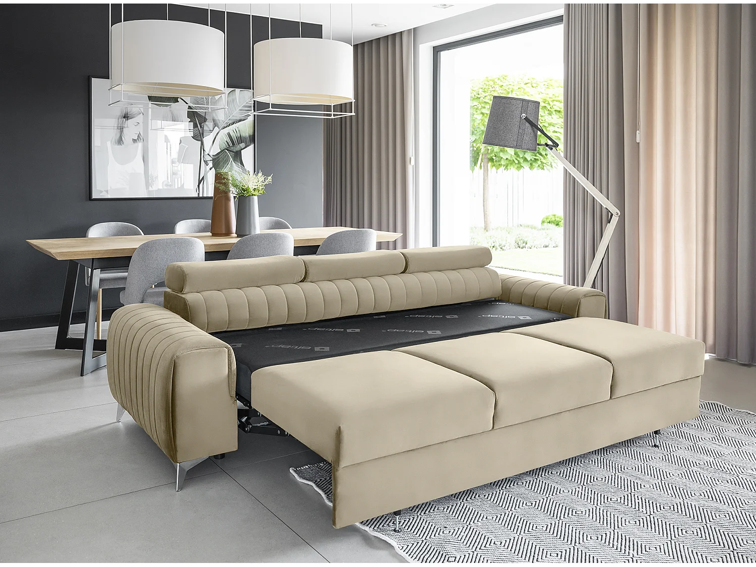 Canapé convertible velours LOZA - Appuis-tête réglables et pieds acier chromé-Beige