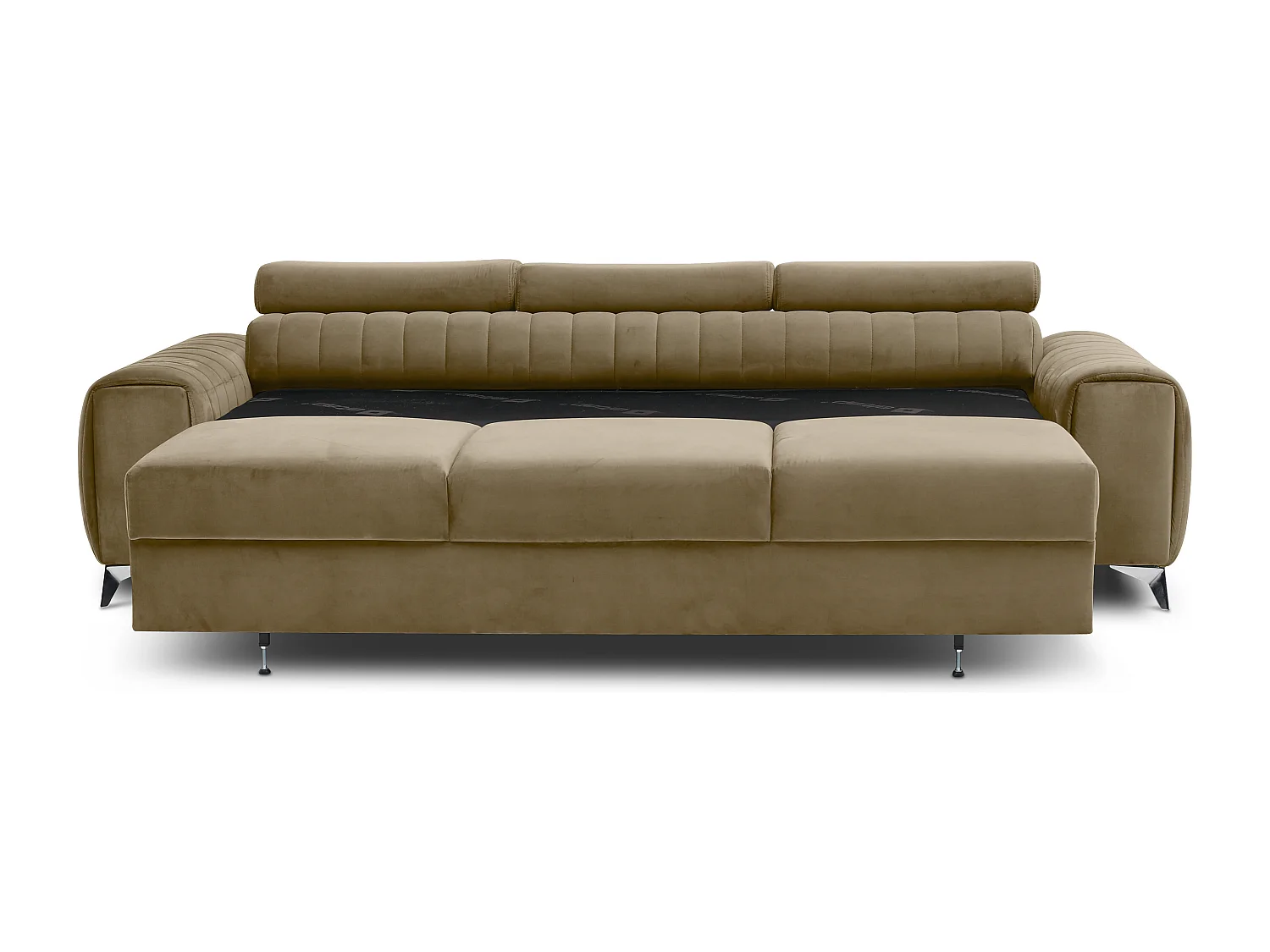 Canapé convertible velours LOZA - Appuis-tête réglables et pieds acier chromé-Beige