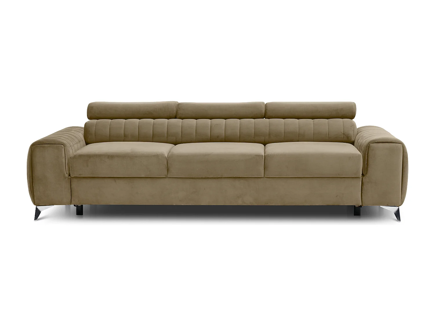 Canapé convertible velours LOZA - Appuis-tête réglables et pieds acier chromé-Beige