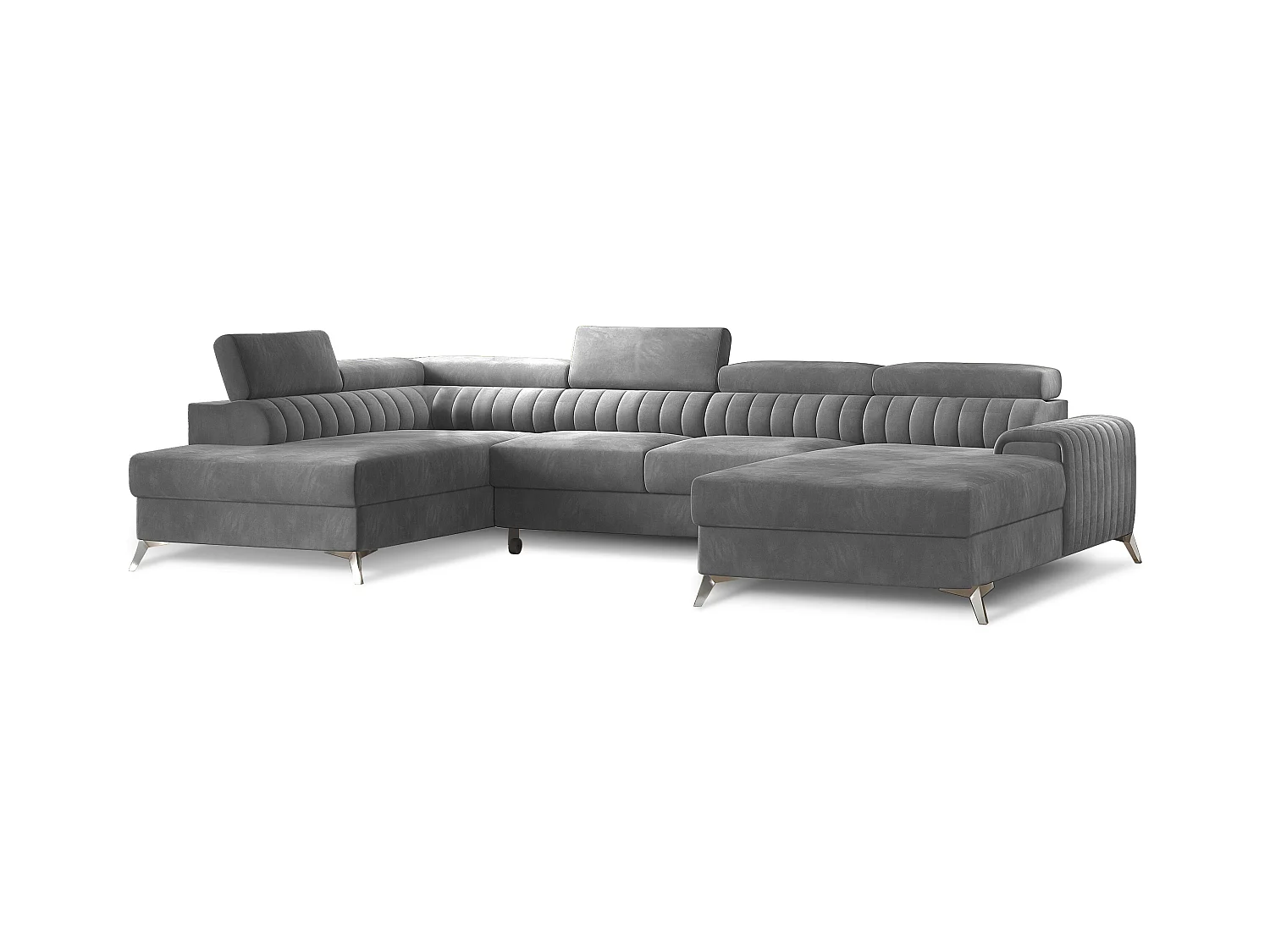 Canapé en U convertible KALANTE velours - Coffre de rangement et appuie-têtes réglables-Gris-Coffre à gauche