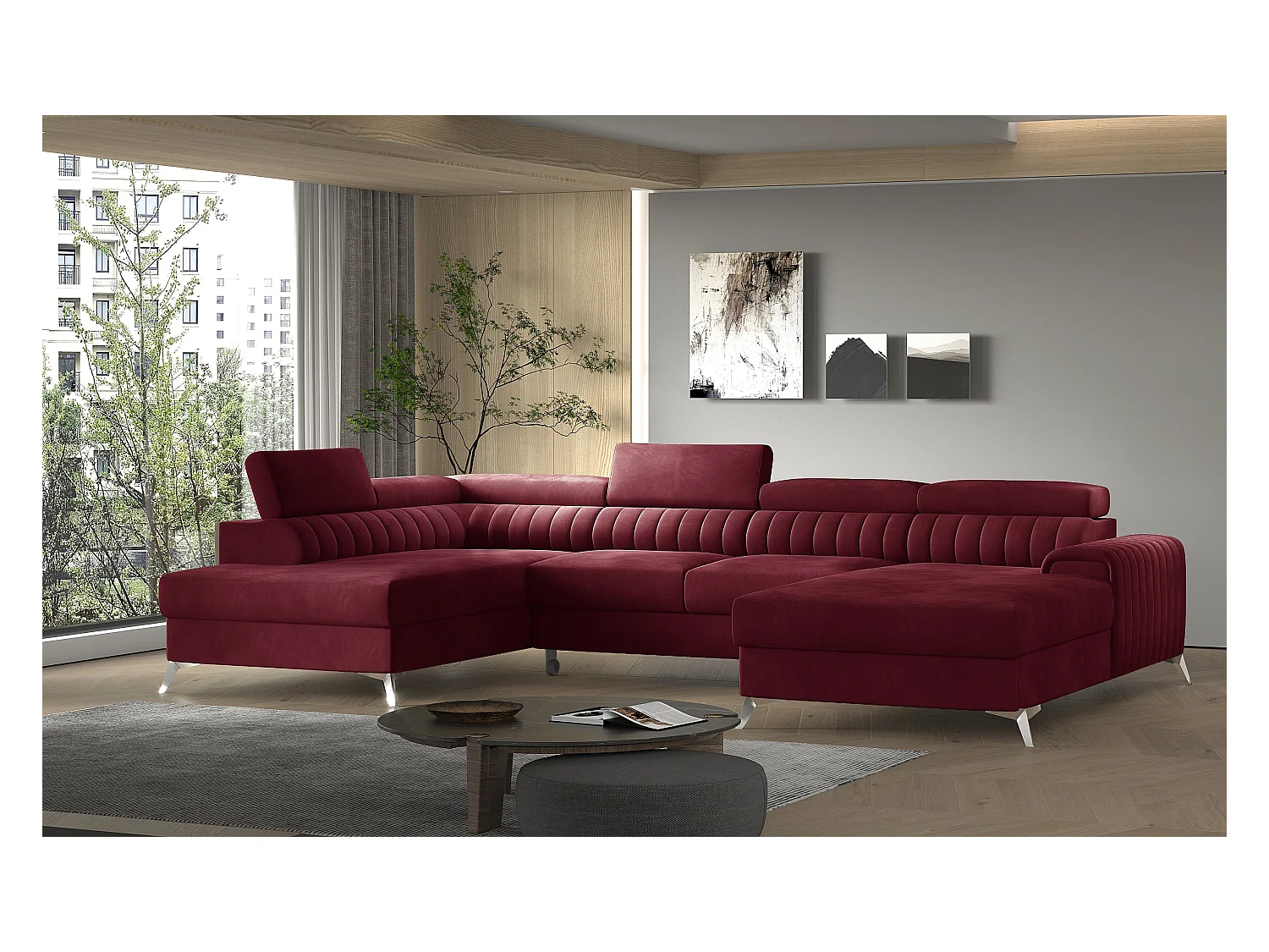 Canapé en U convertible KALANTE velours - Coffre de rangement et appuie-têtes réglables-Gris-Coffre à gauche