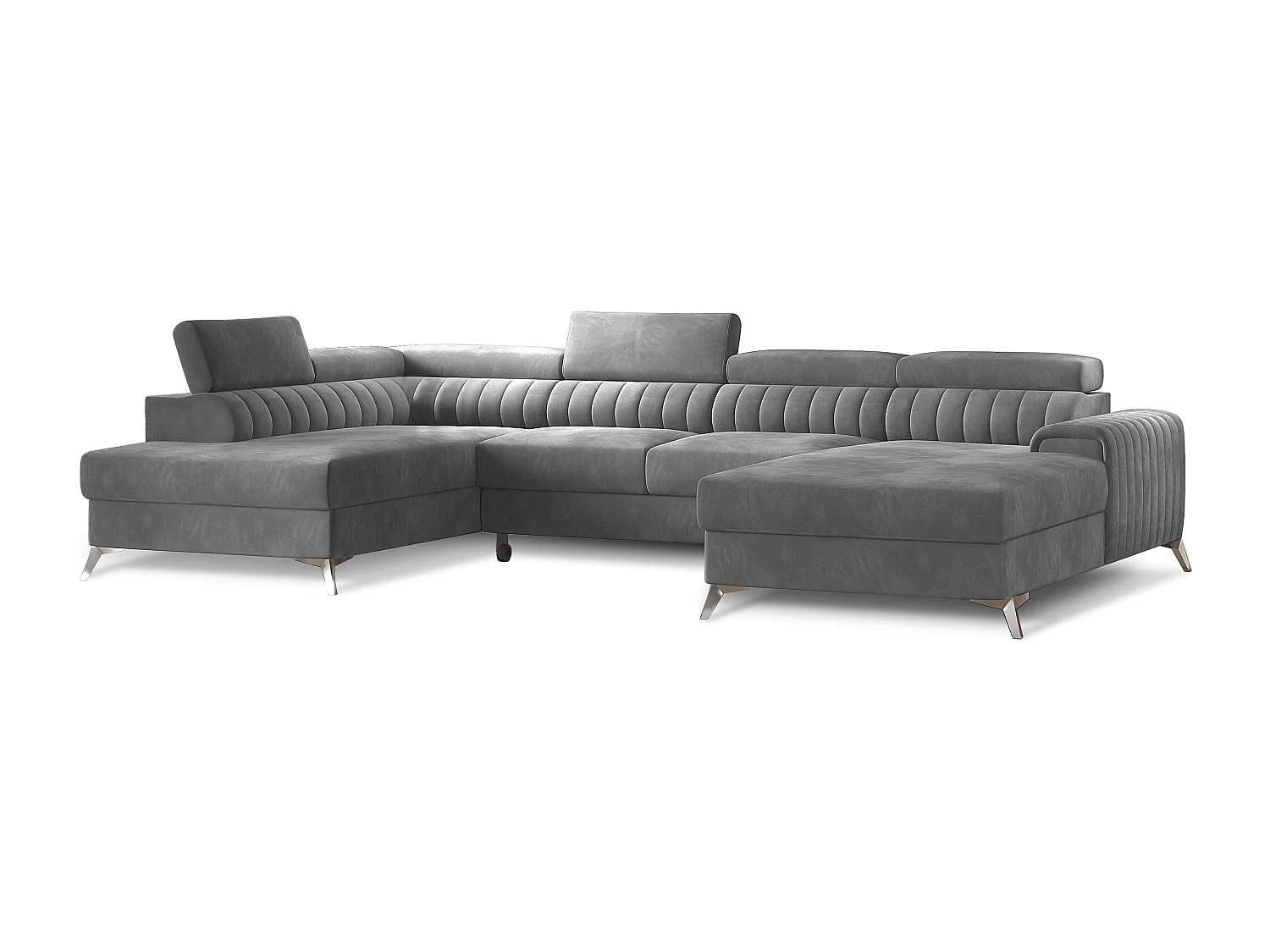 Canapé en U convertible KALANTE velours - Coffre de rangement et appuie-têtes réglables-Gris-Coffre à gauche