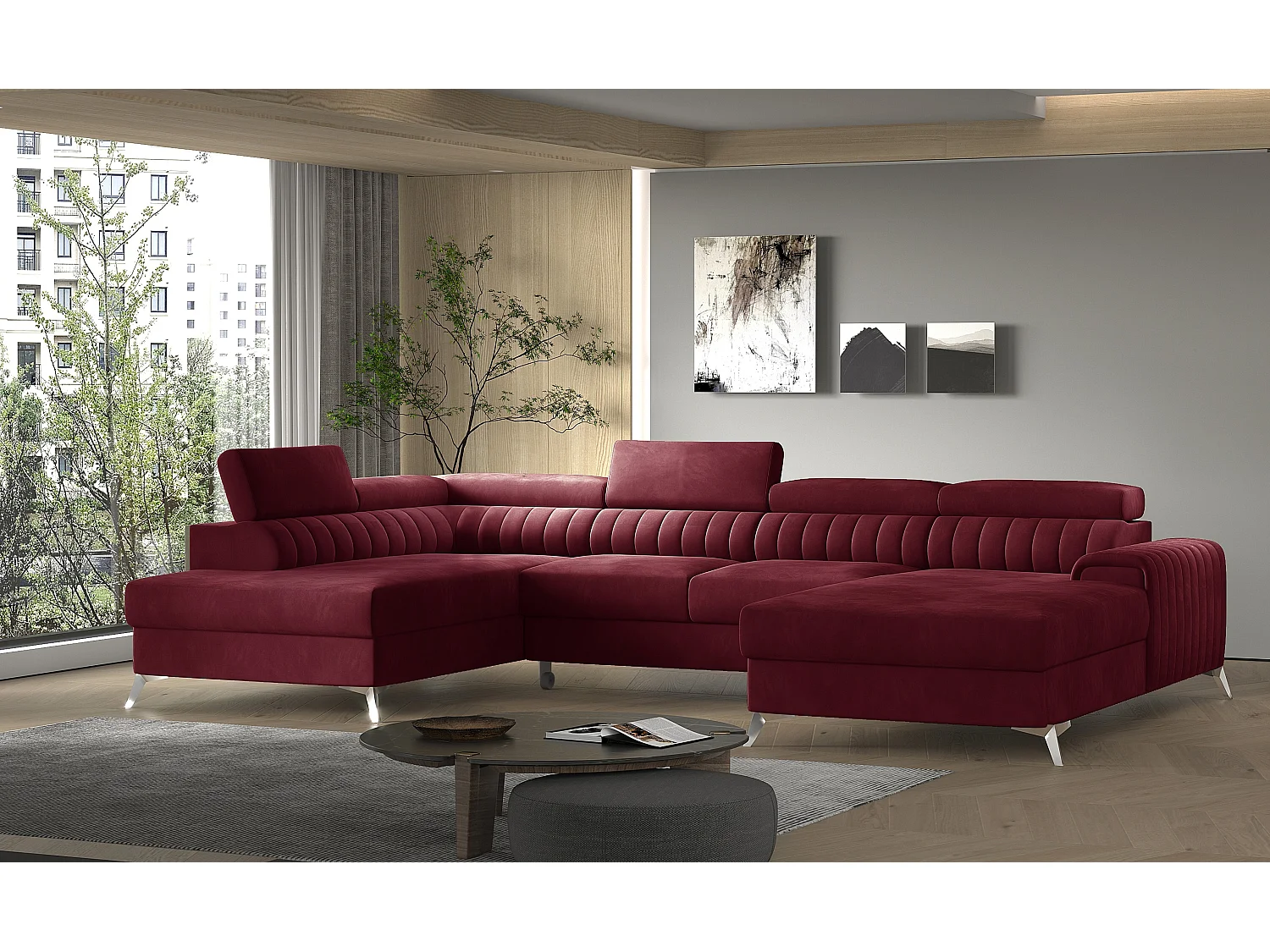 Canapé en U convertible KALANTE velours - Coffre de rangement et appuie-têtes réglables-Gris-Coffre à gauche