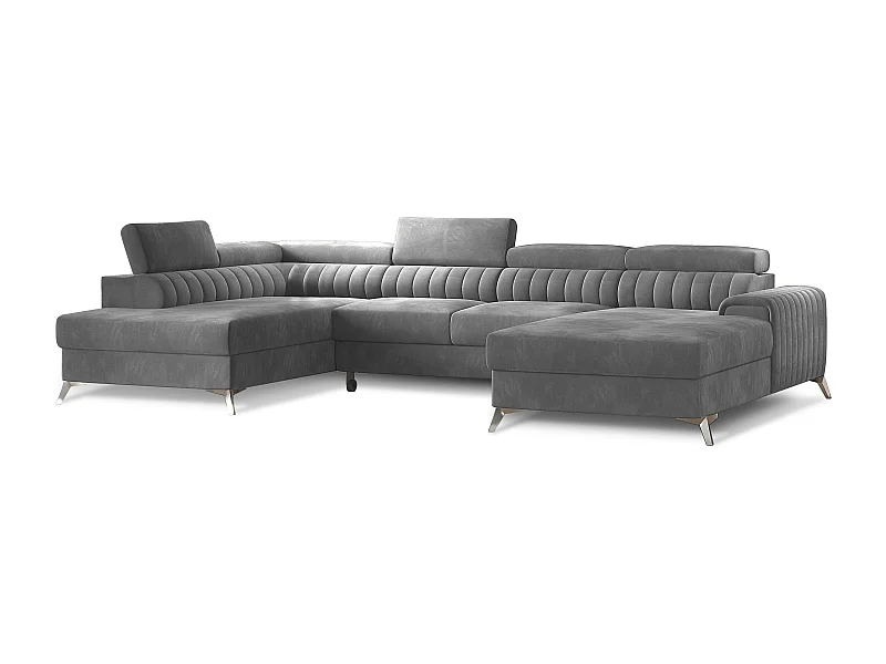 KALANTE fluwelen U-vormige slaapbank - Opbergvak en verstelbare hoofdsteunen-Kleur Grijs-Opslagruimte naar links