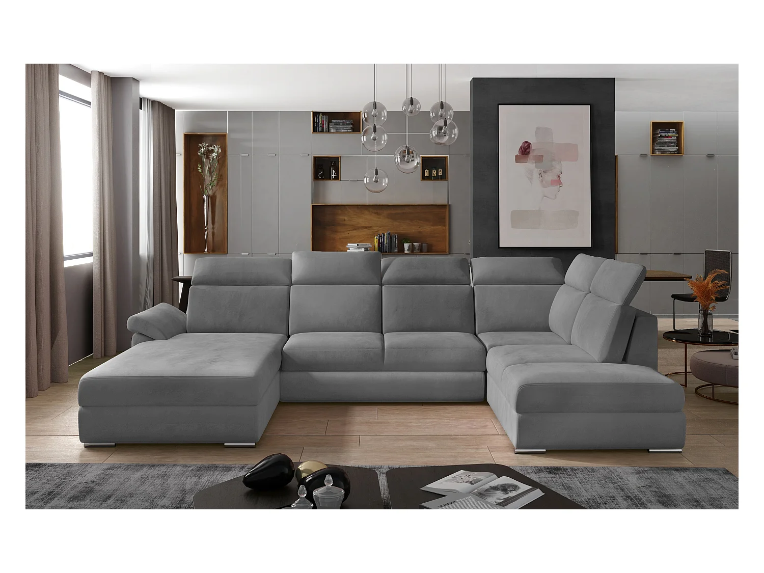 Canapé panoramique convertible LEVANO velours - Rangement et appuie-têtes réglables-Gris-Coffre à gauche