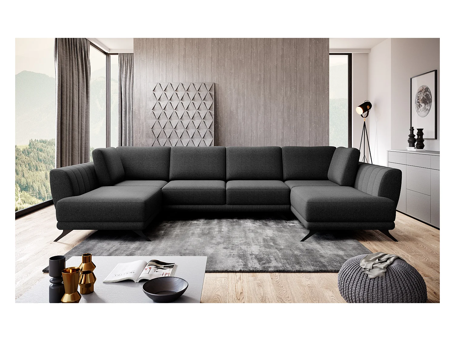 Canapé panoramique LARGOS – Tissu-Noir chiné