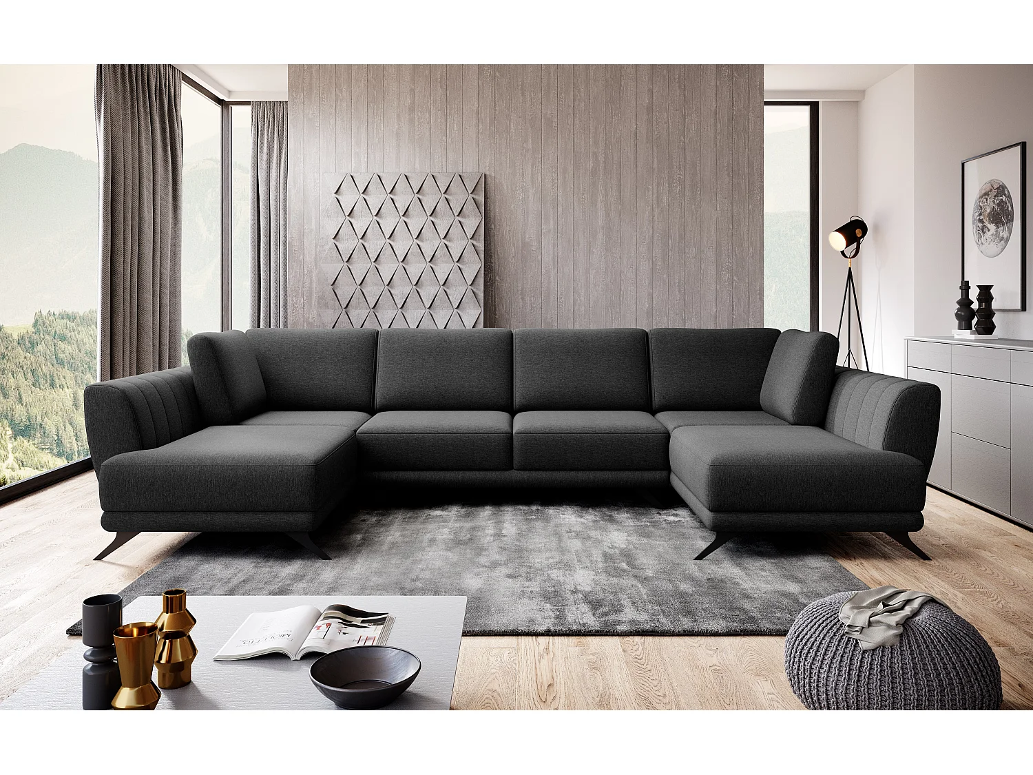 Canapé panoramique LARGOS – Tissu-Noir chiné