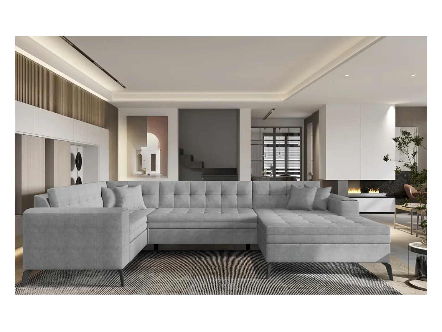 Canapé panoramique convertible BONTY tissu matelassé-Gris clair-Méridienne A droite