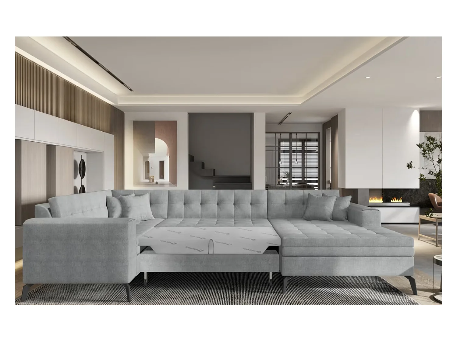 Canapé panoramique convertible BONTY tissu matelassé-Gris clair-Méridienne A droite