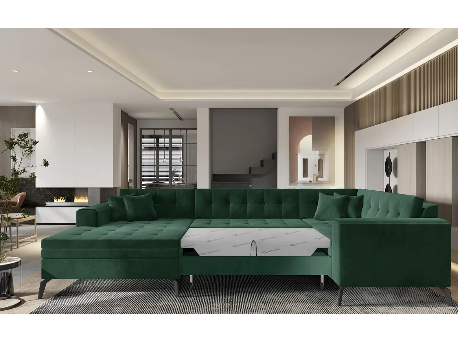 Canapé panoramique convertible BONTY tissu matelassé-Gris clair-Méridienne A droite