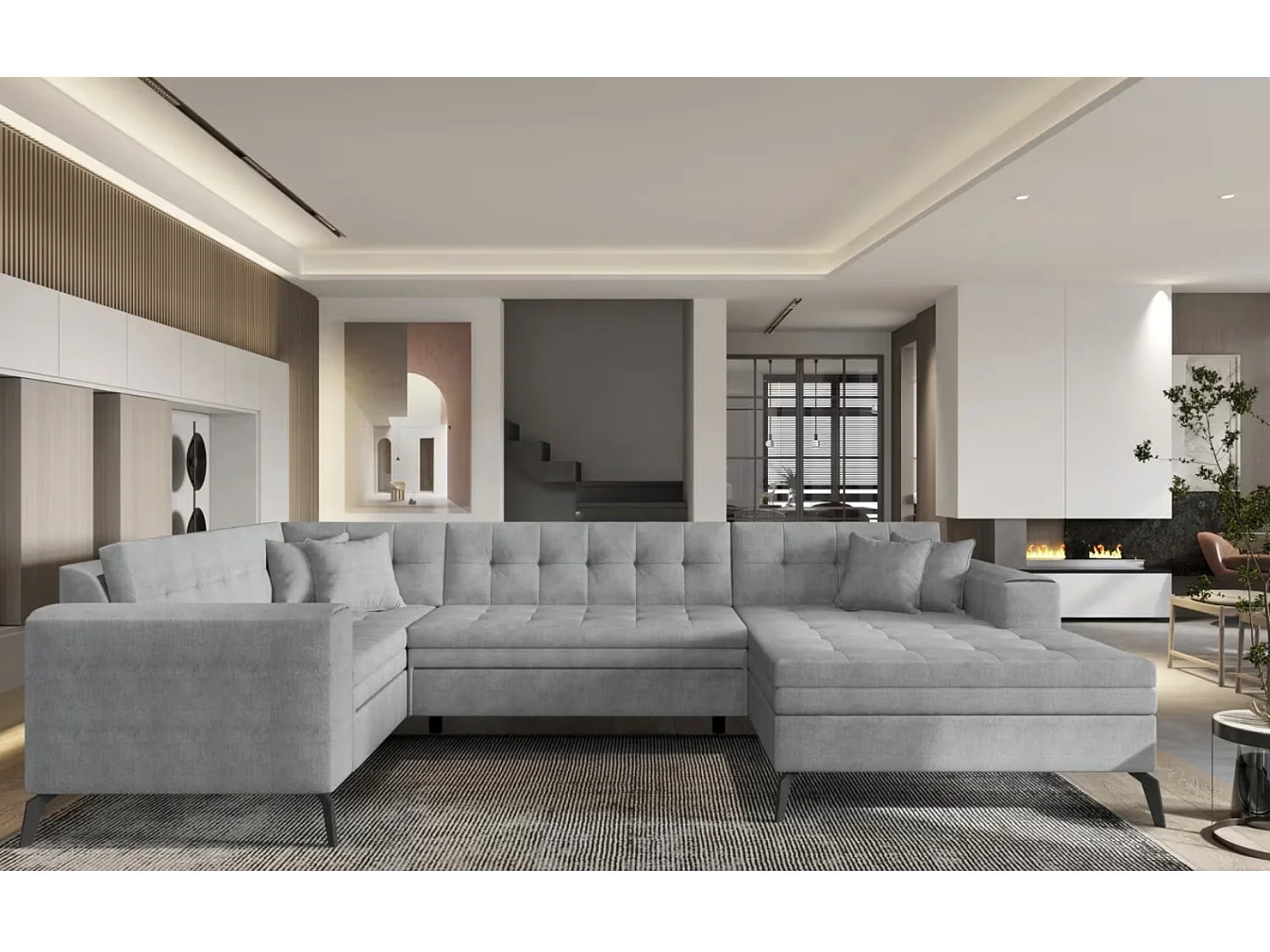 Canapé panoramique convertible BONTY tissu matelassé-Gris clair-Méridienne A droite