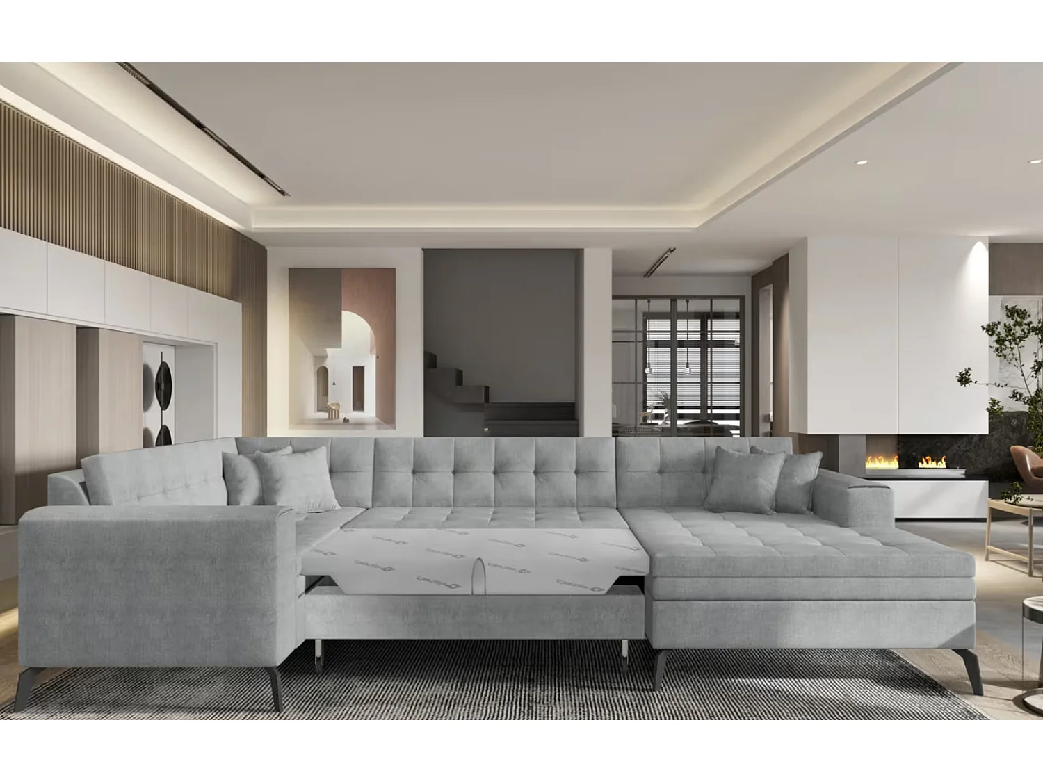 Canapé panoramique convertible BONTY tissu matelassé-Gris clair-Méridienne A droite