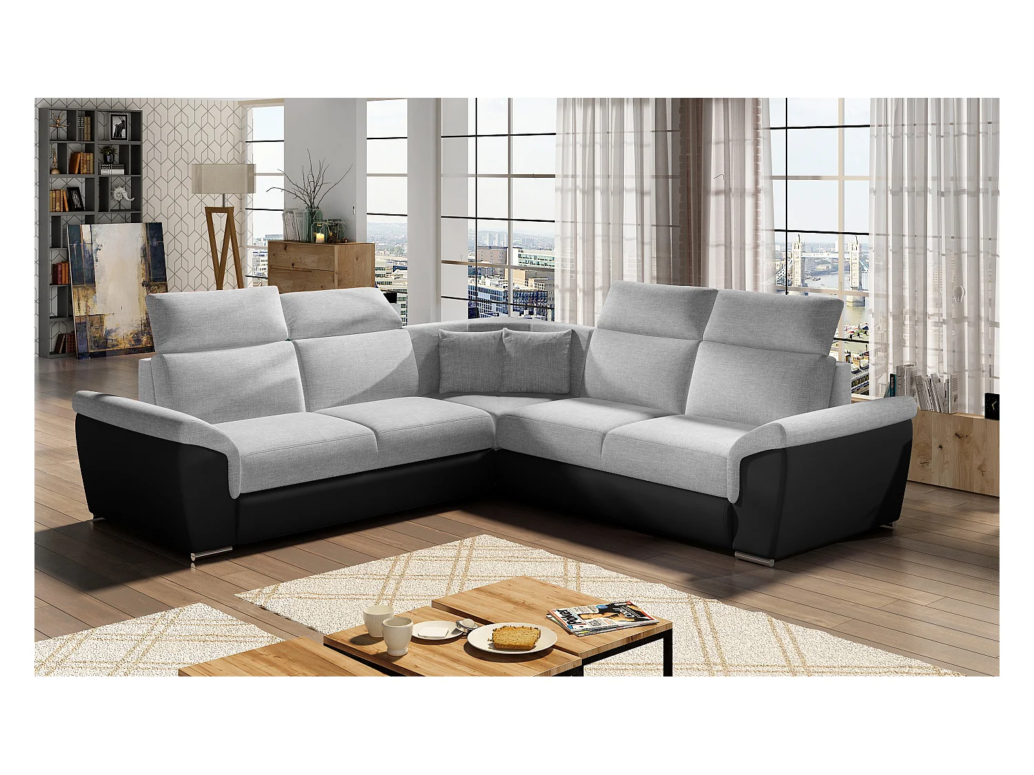 Canapé d'angle réversible et convertible bi-matières Neo - Pieds acier chromé-Noir/Gris clair