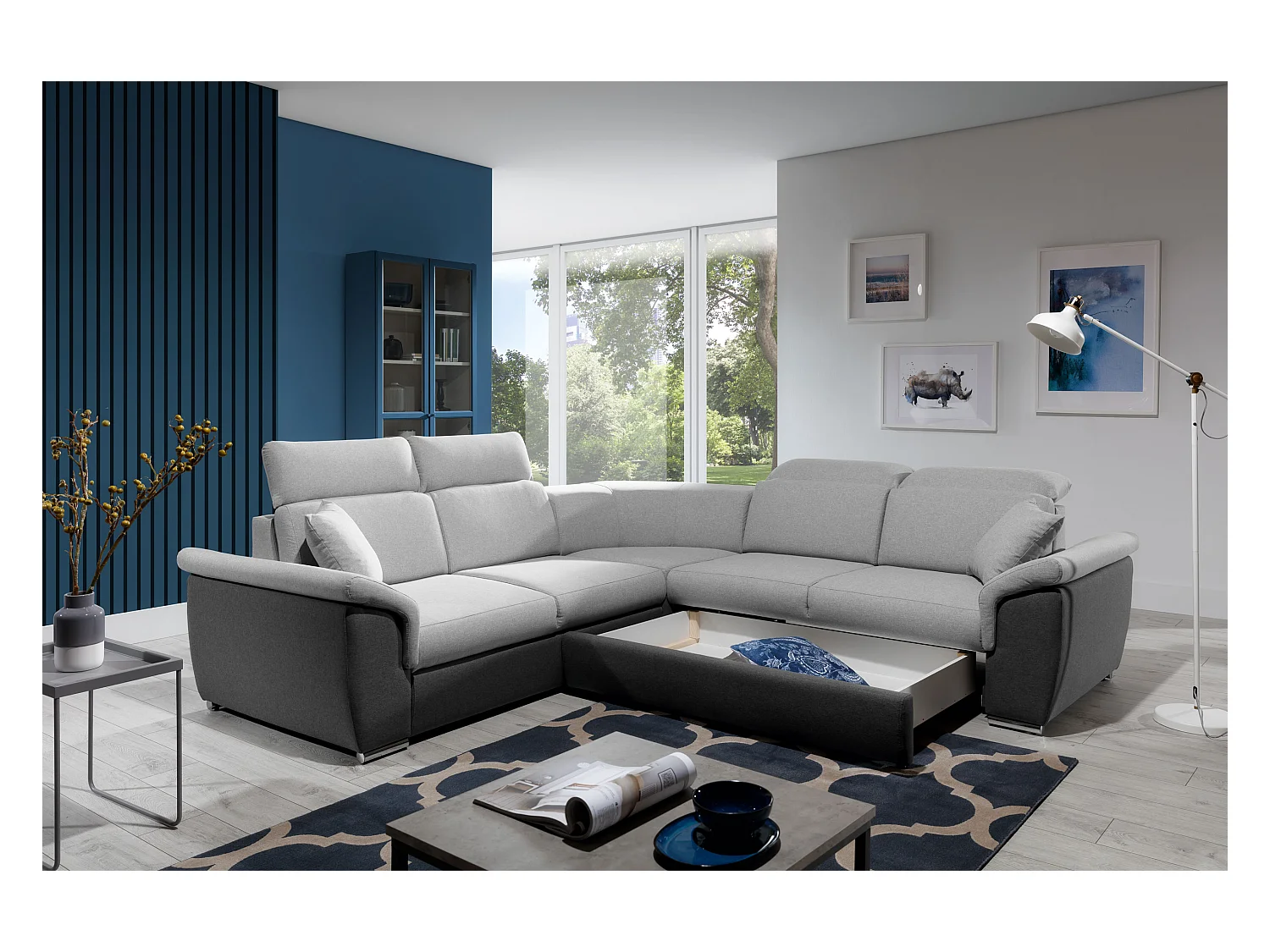 Canapé d'angle réversible et convertible bi-matières Neo - Pieds acier chromé-Noir/Gris clair