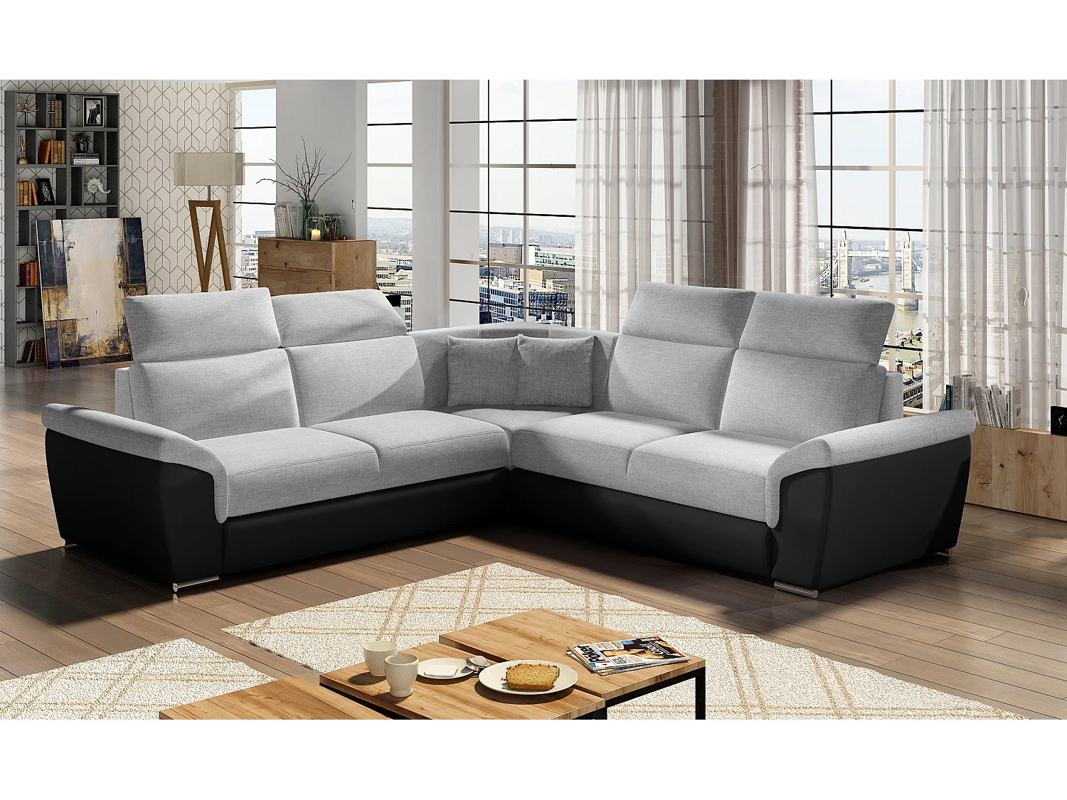 Canapé d'angle réversible et convertible bi-matières Neo - Pieds acier chromé-Noir/Gris clair