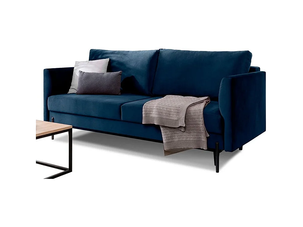 Canapé convertible en velours ROBBY – Rangement et pieds métal noir-Bleu nuit