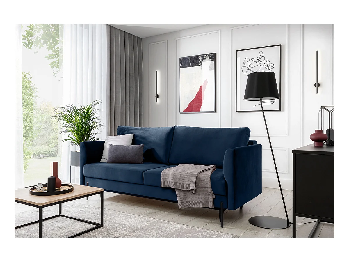 Canapé convertible en velours ROBBY – Rangement et pieds métal noir-Bleu nuit