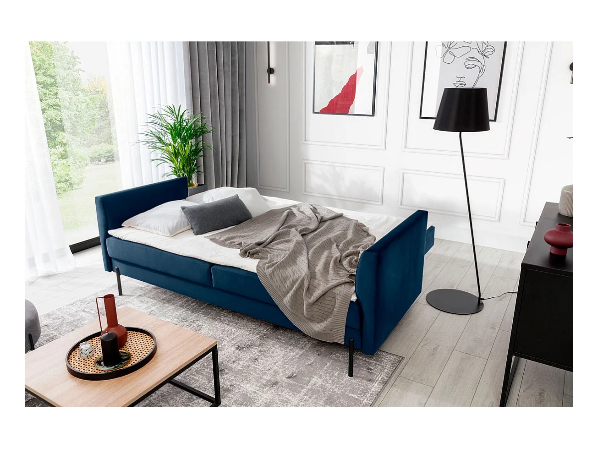 Canapé convertible en velours ROBBY – Rangement et pieds métal noir-Bleu nuit
