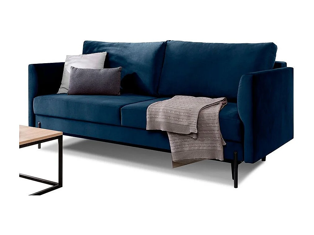 Canapé convertible en velours ROBBY – Rangement et pieds métal noir-Bleu nuit
