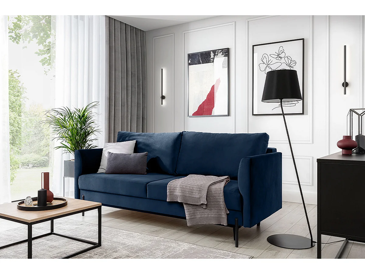 Canapé convertible en velours ROBBY – Rangement et pieds métal noir-Bleu nuit
