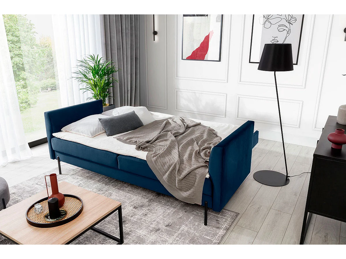 Canapé convertible en velours ROBBY – Rangement et pieds métal noir-Bleu nuit