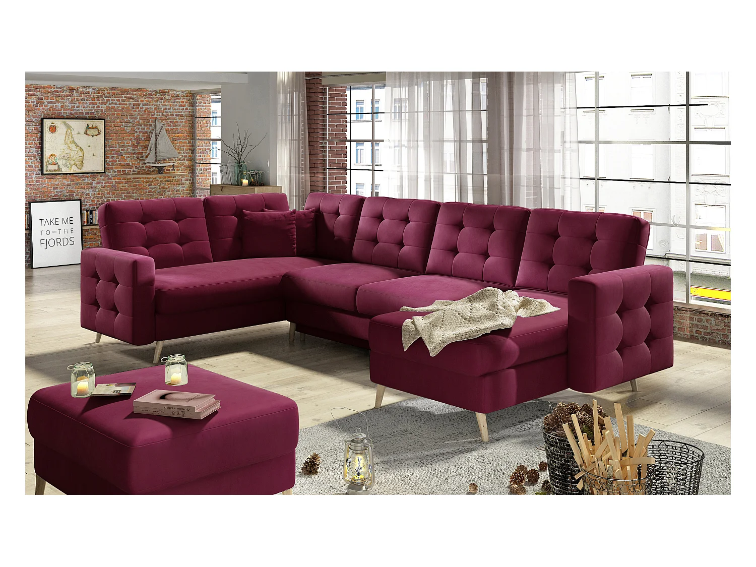 Canapé panoramique convertible ANSKA en tissu - Pieds bois naturel-Prune