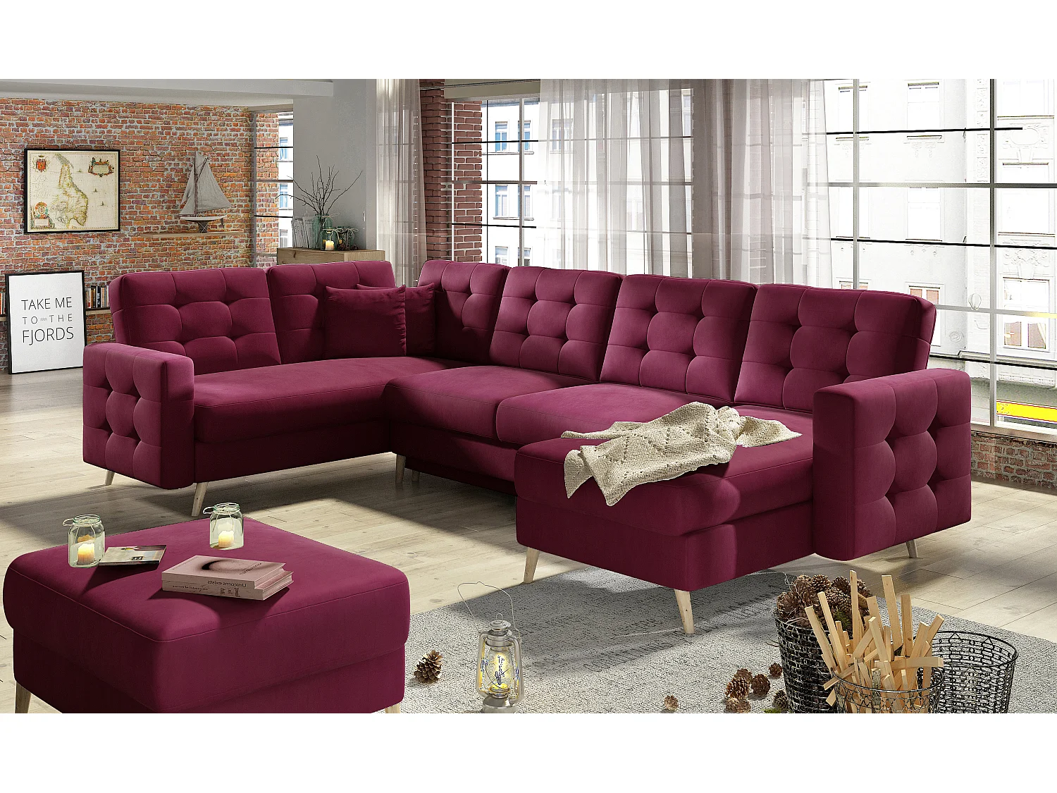 Canapé panoramique convertible ANSKA en tissu - Pieds bois naturel-Prune