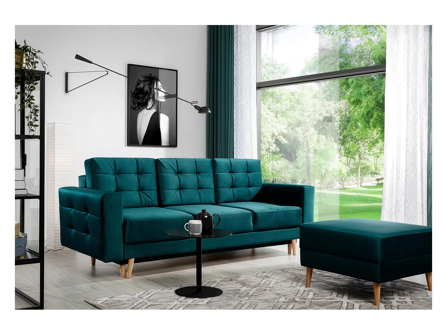 Canapé convertible velours ANSKA - Pieds bois naturel-Vert forêt