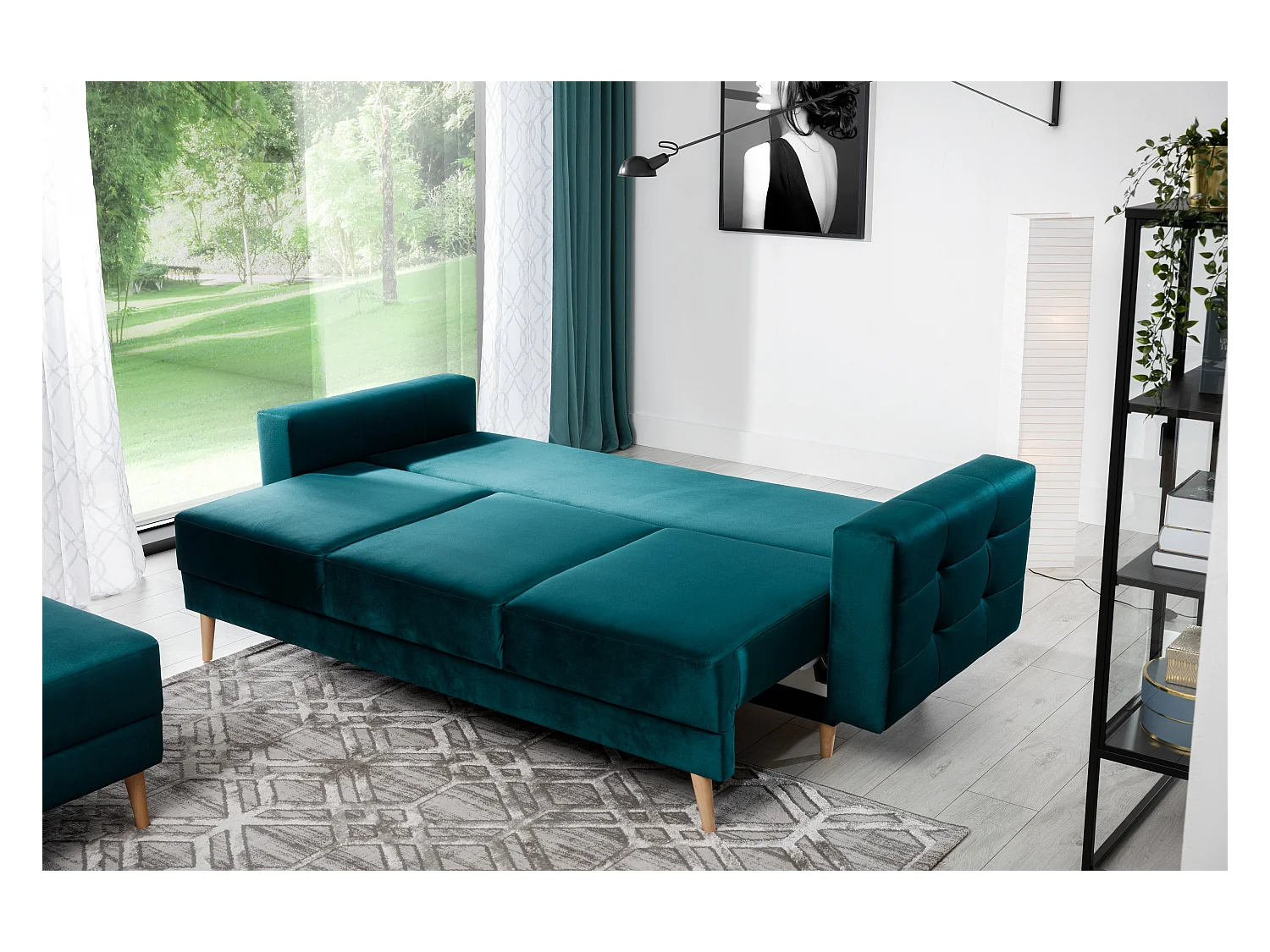 Canapé convertible velours ANSKA - Pieds bois naturel-Vert forêt