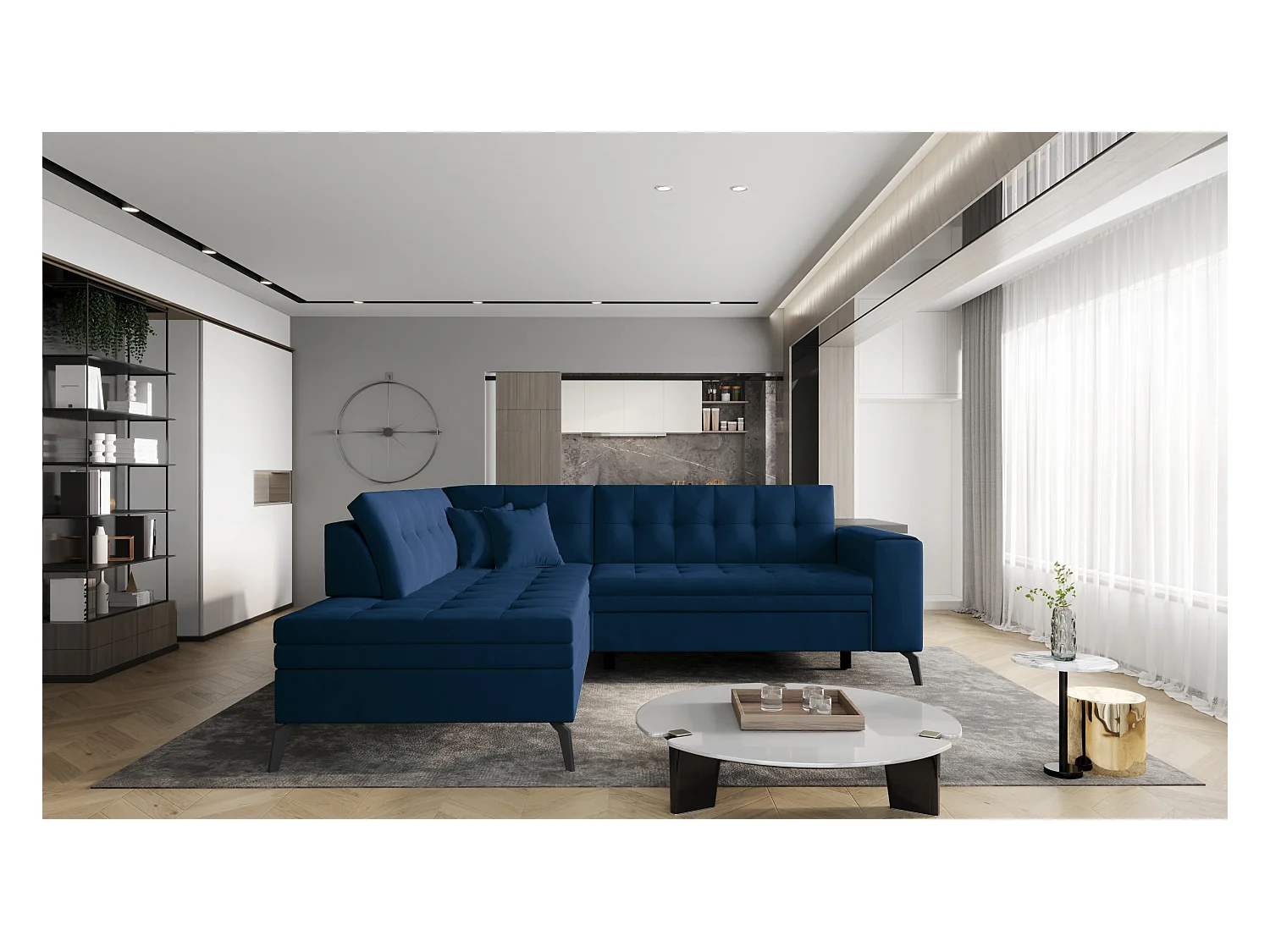 Canapé d'angle convertible velours LARRY - Pieds acier noir-Bleu nuit-angle gauche